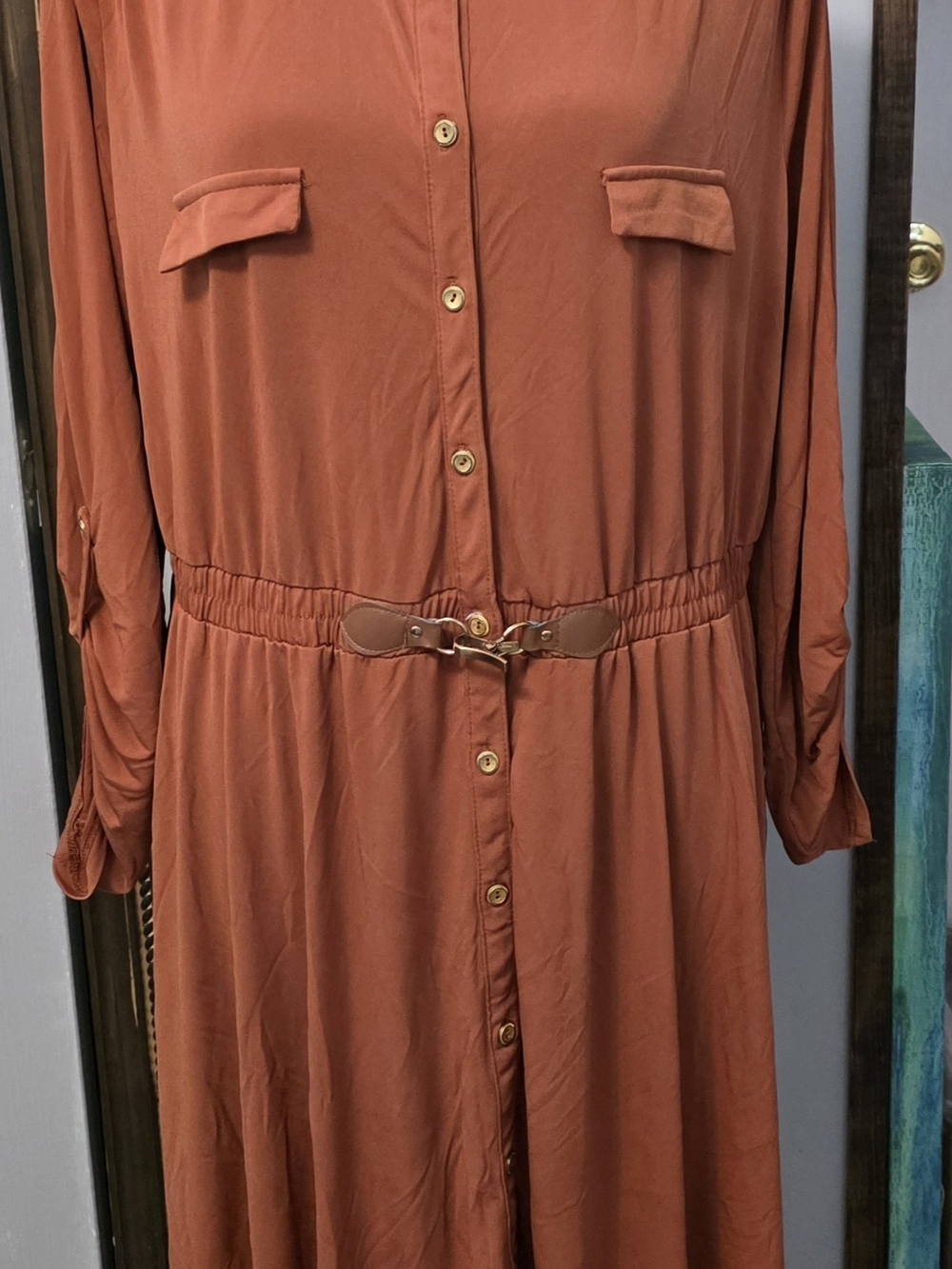 Rust Button-Front Shirt Dress with Attached Belt Accent